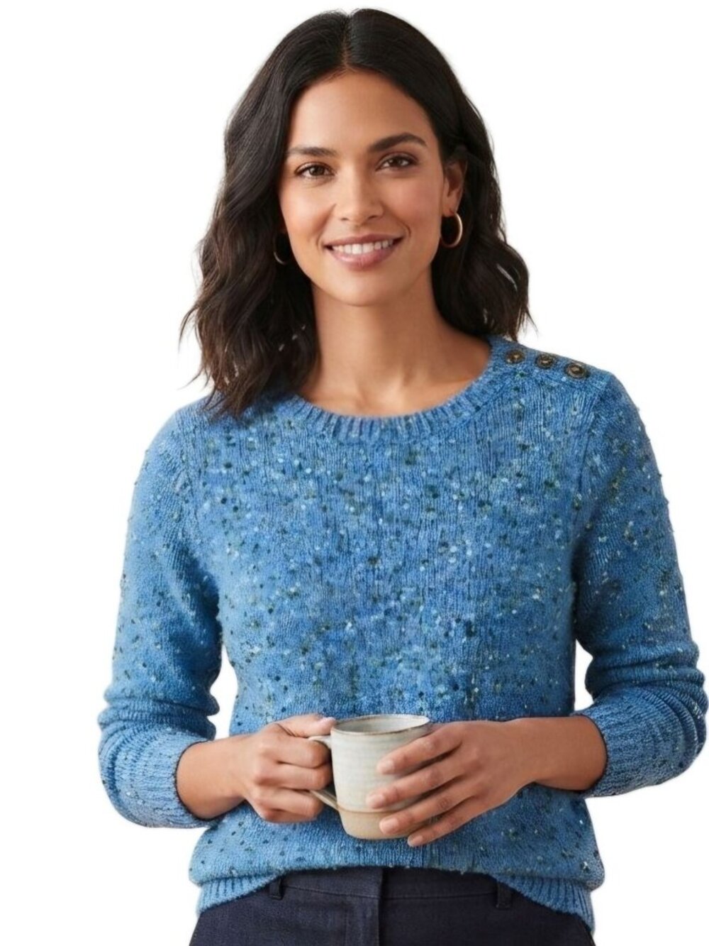 J. Jill Corsica Speckled Blue Green Button Detail Crewneck Sweater Size PS